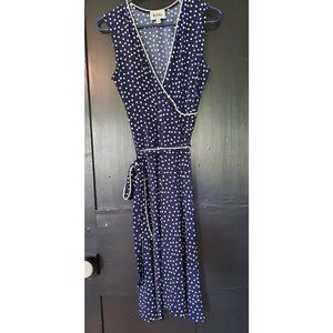 Leota womens blue white polka dot v-neck midi jersey knit wrap dress size M